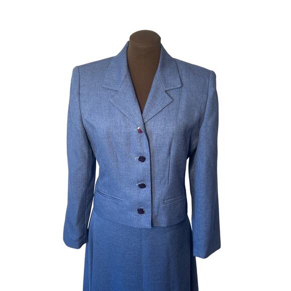 Clio Retro Style Blue Tailored Blazer Suit A Line Skirt Career Office Size 10 - Picture 2 of 11
